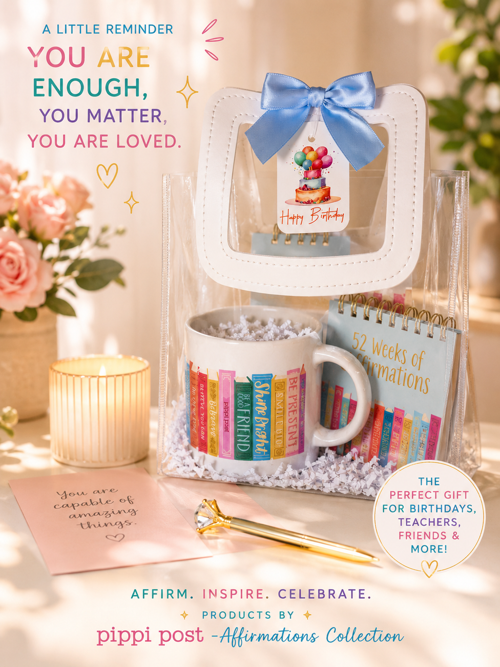 Pippi Post Affirmations Gift Set | Positive Affirmation Cards Gift Bag | Self Care Encouragement Gift for Women, Friends, Teens