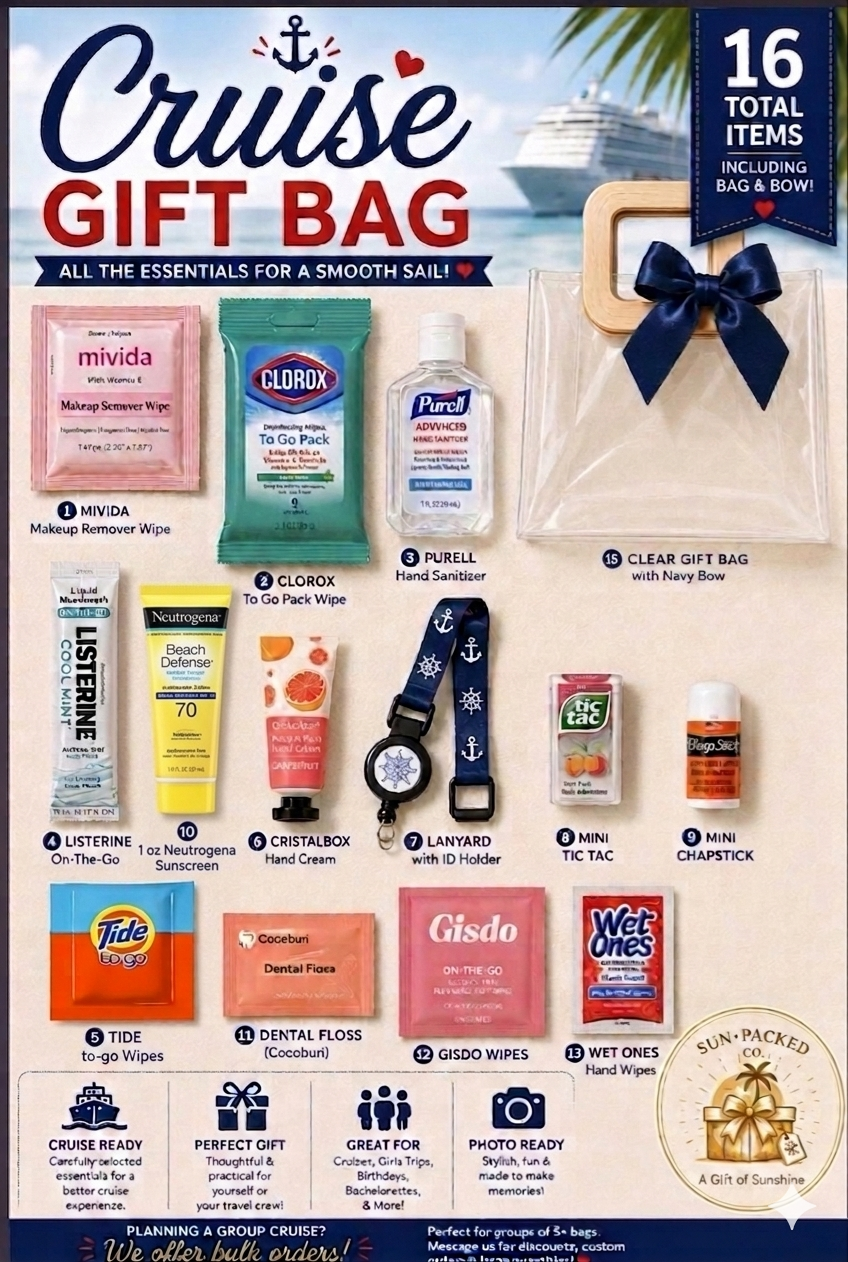 Cruise Gift Bag | 15 Vacation Survival Kit, Bachelorette Party Favor