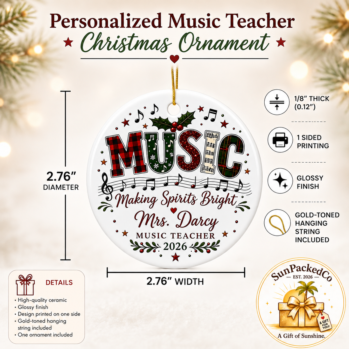 Personalized Music Teacher Christmas Ornament | Music Teacher Gift