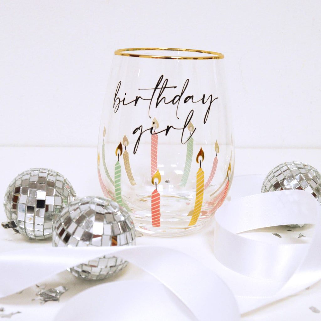 Birthday Girl Stemless Wine Glass, 20oz Gold Rim