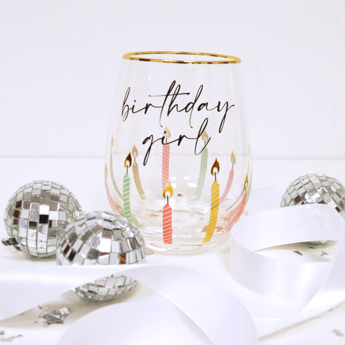Birthday Girl Stemless Wine Glass, 20oz Gold Rim
