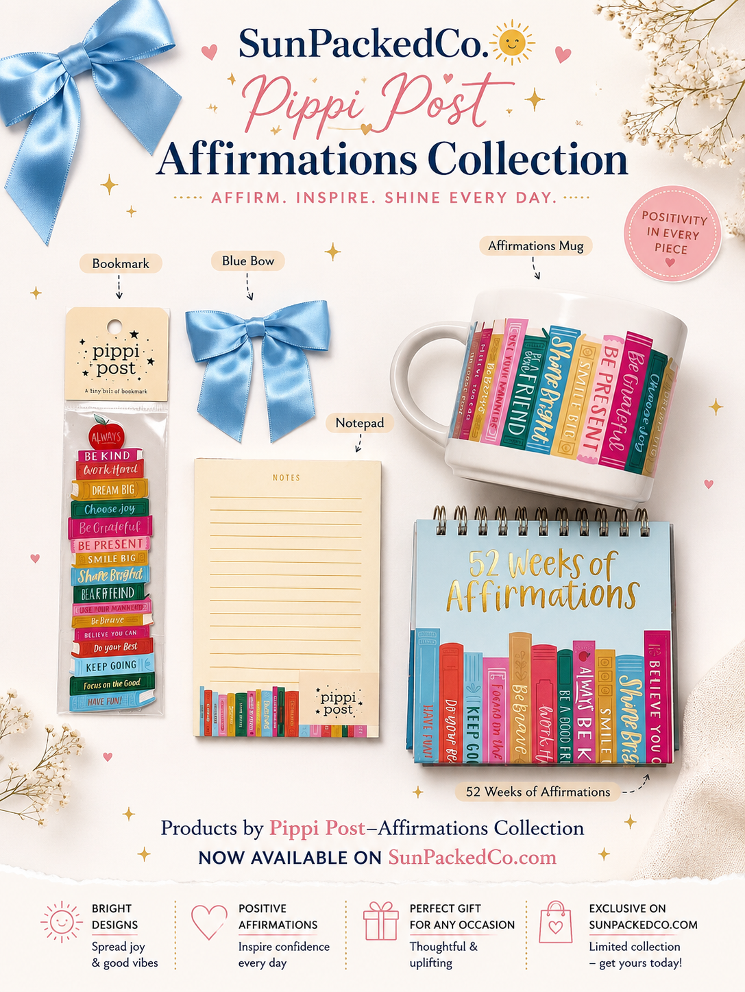 Pippi Post Affirmations Gift Set | Positive Affirmation Cards Gift Bag | Self Care Encouragement Gift for Women, Friends, Teens