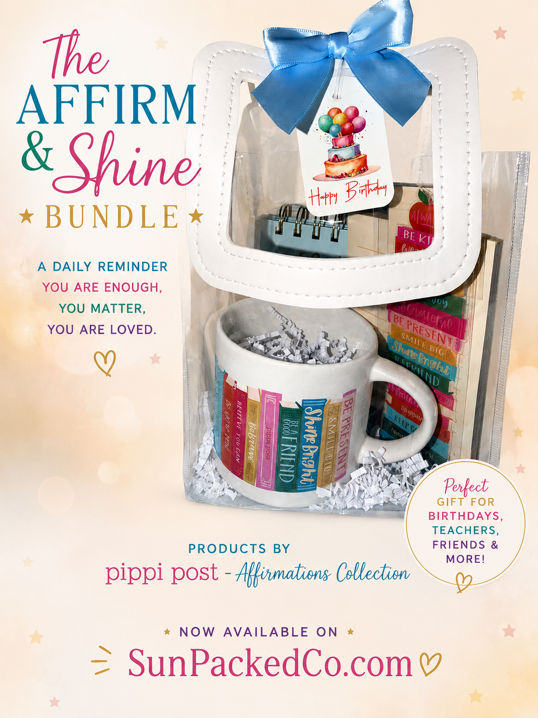 Pippi Post Affirmations Gift Set | Positive Affirmation Cards Gift Bag | Self Care Encouragement Gift for Women, Friends, Teens