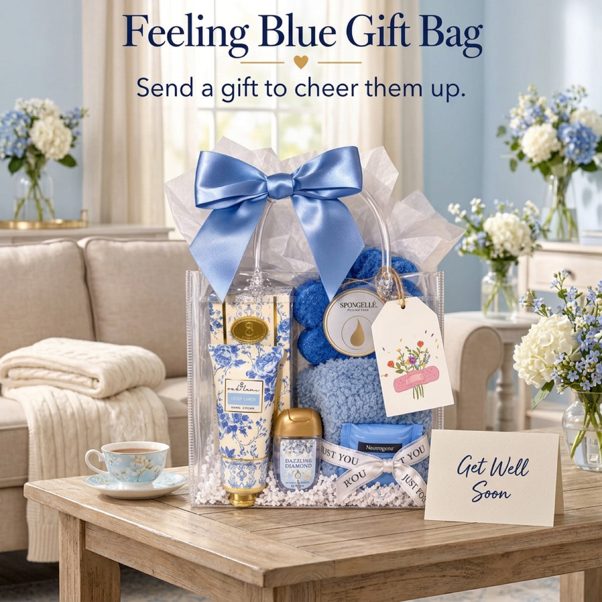 Feeling Blue | Get Well Soon Spa Gift Bag for Women — Blue Cheer-Up Gift, Ready to Give