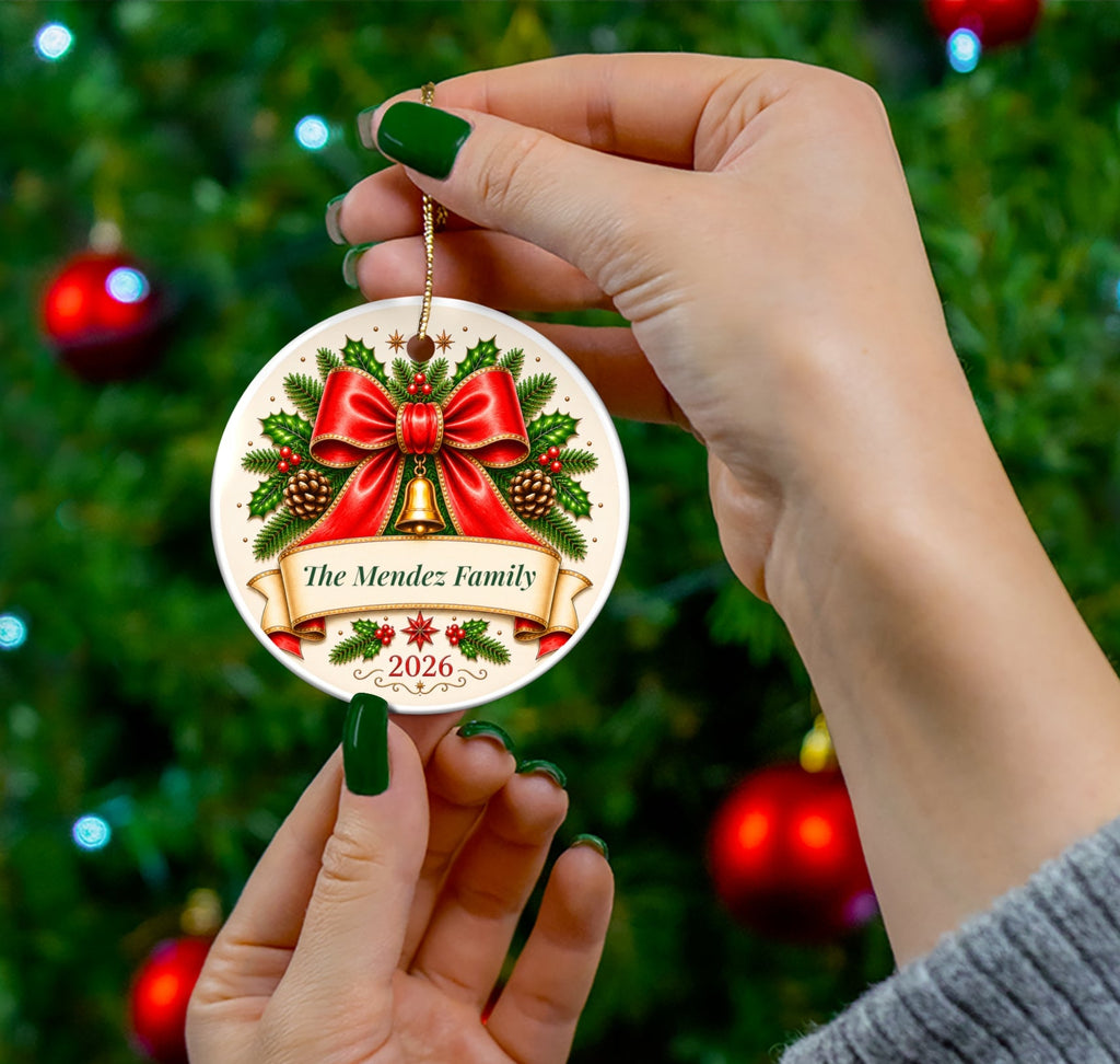 A personalized round Christmas ornament held by two hands in front of a blurred Christmas tree with red ornaments. The ornament features a white background with a red bow, green holly, pinecones, a small gold bell, and a banner reading 'The Mendez Family 2026'.