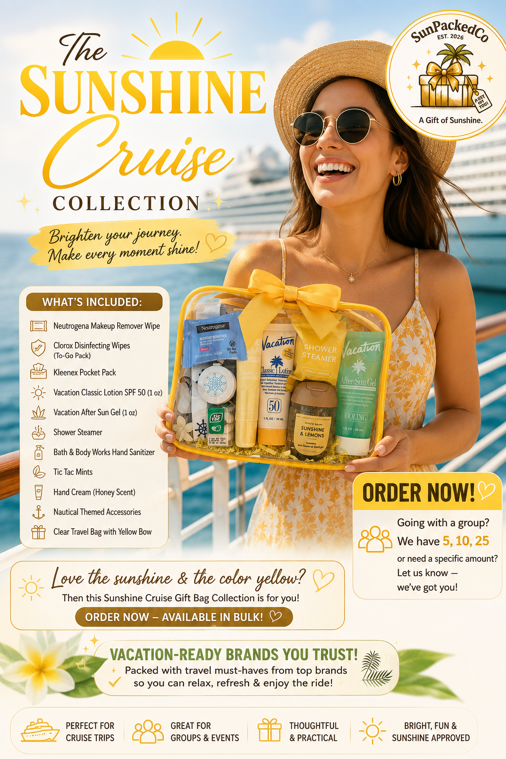 Yellow Cruise Gift Bag, Sunshine Cruise Collection, Cruise Essentials, Bon Voyage Gift, Vacation Gift, Travel Gift, Vacation Brand