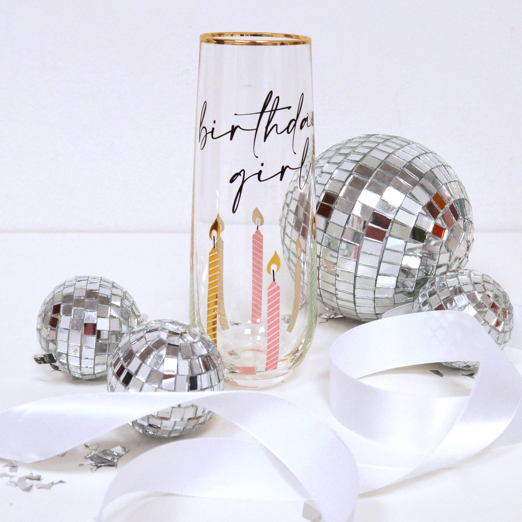 Birthday Girl Stemless Champagne Glass, Gold Rim