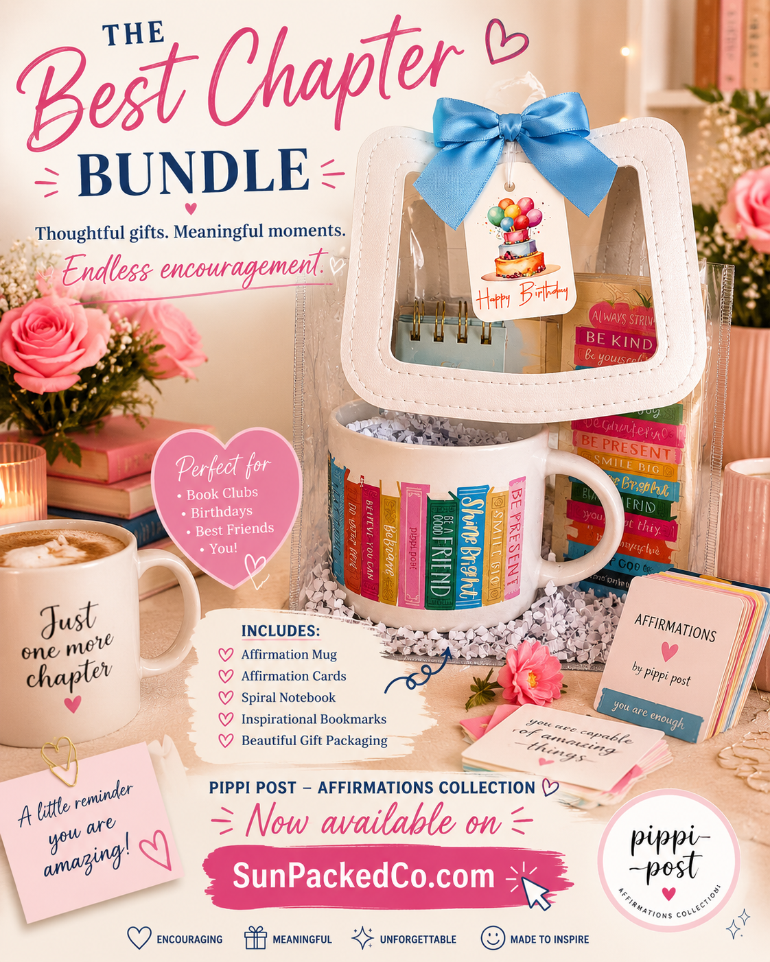 Pippi Post Affirmations Gift Set | Positive Affirmation Cards Gift Bag | Self Care Encouragement Gift for Women, Friends, Teens