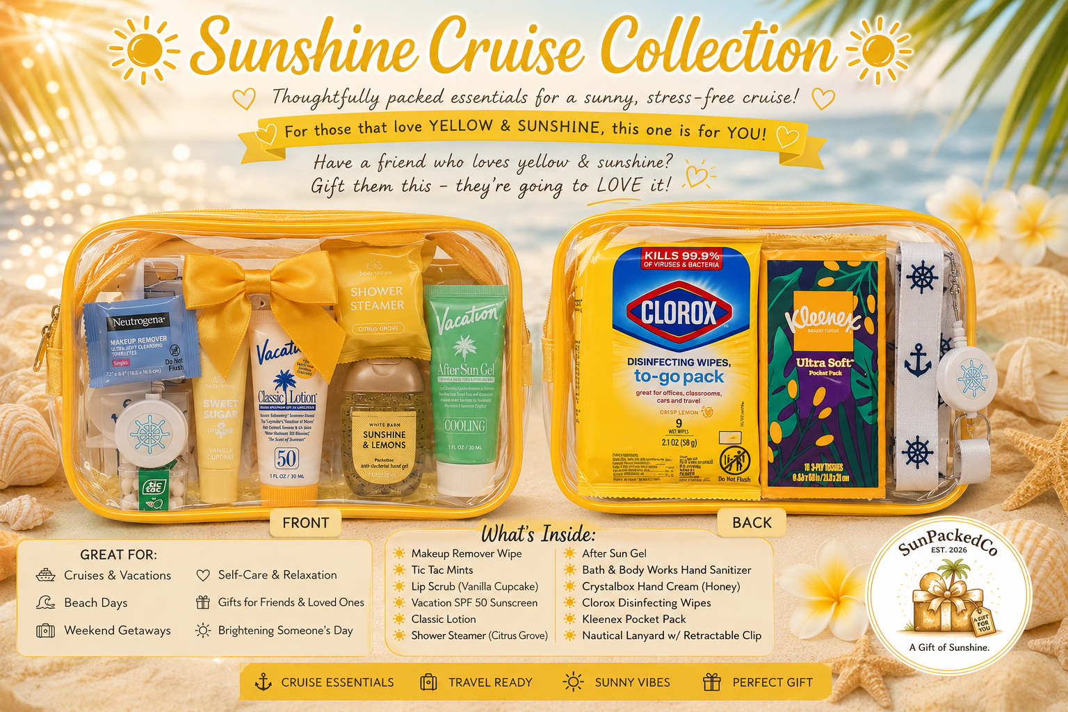 Yellow Cruise Gift Bag, Sunshine Cruise Collection, Cruise Essentials, Bon Voyage Gift, Vacation Gift, Travel Gift, Vacation Brand