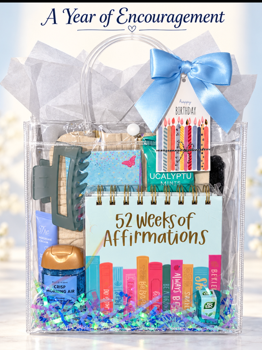 Blue birthday gift bag with satin bow, 52 Weeks of Affirmations desk calendar, eucalyptus mints, self-care treats, and Happy Birthday tag