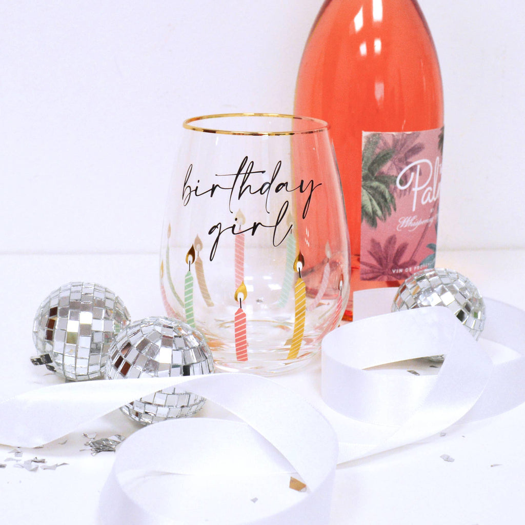 Birthday Girl Stemless Wine Glass, 20oz Gold Rim