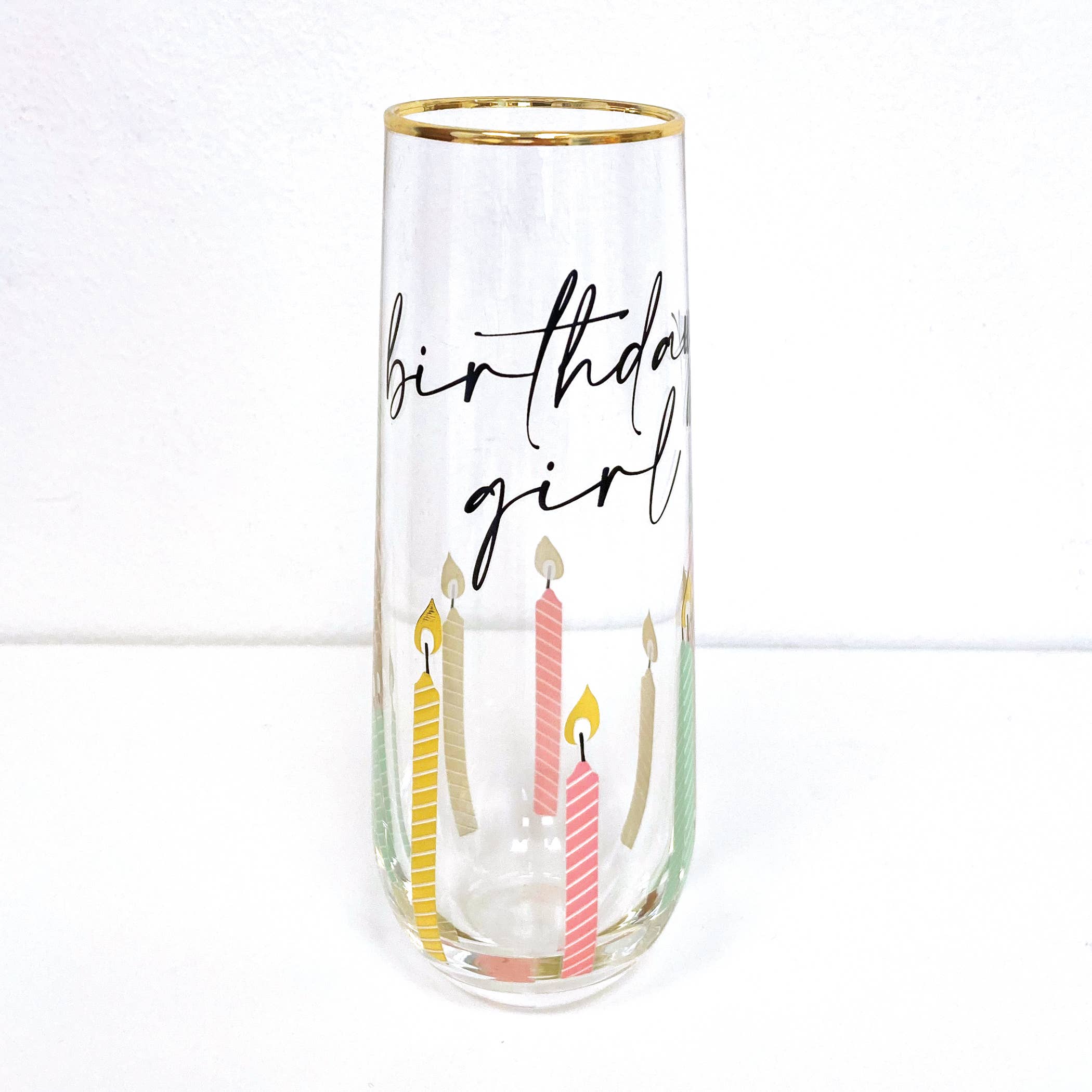 Birthday Girl Stemless Champagne Glass, Gold Rim
