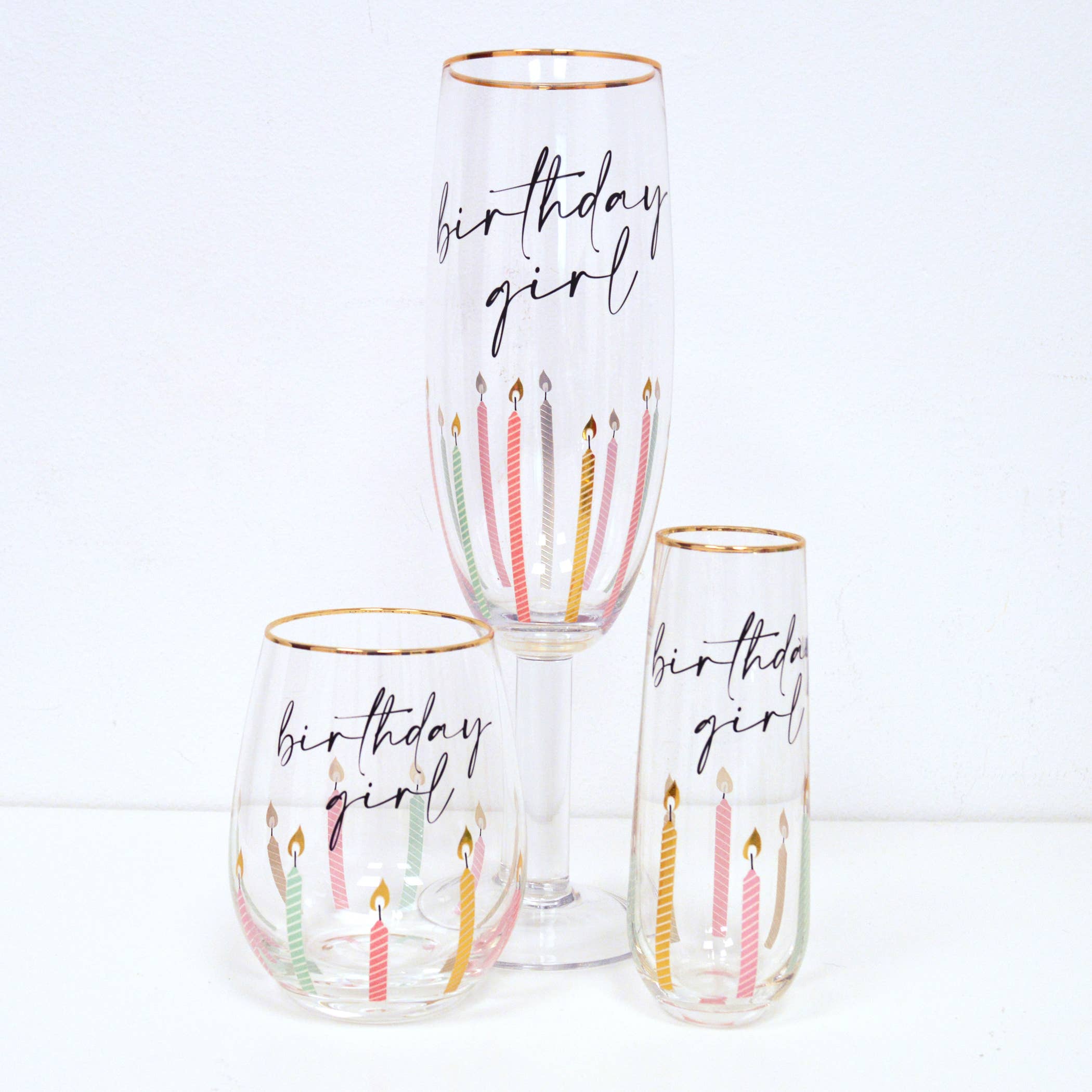 Birthday Girl Stemless Champagne Glass, Gold Rim