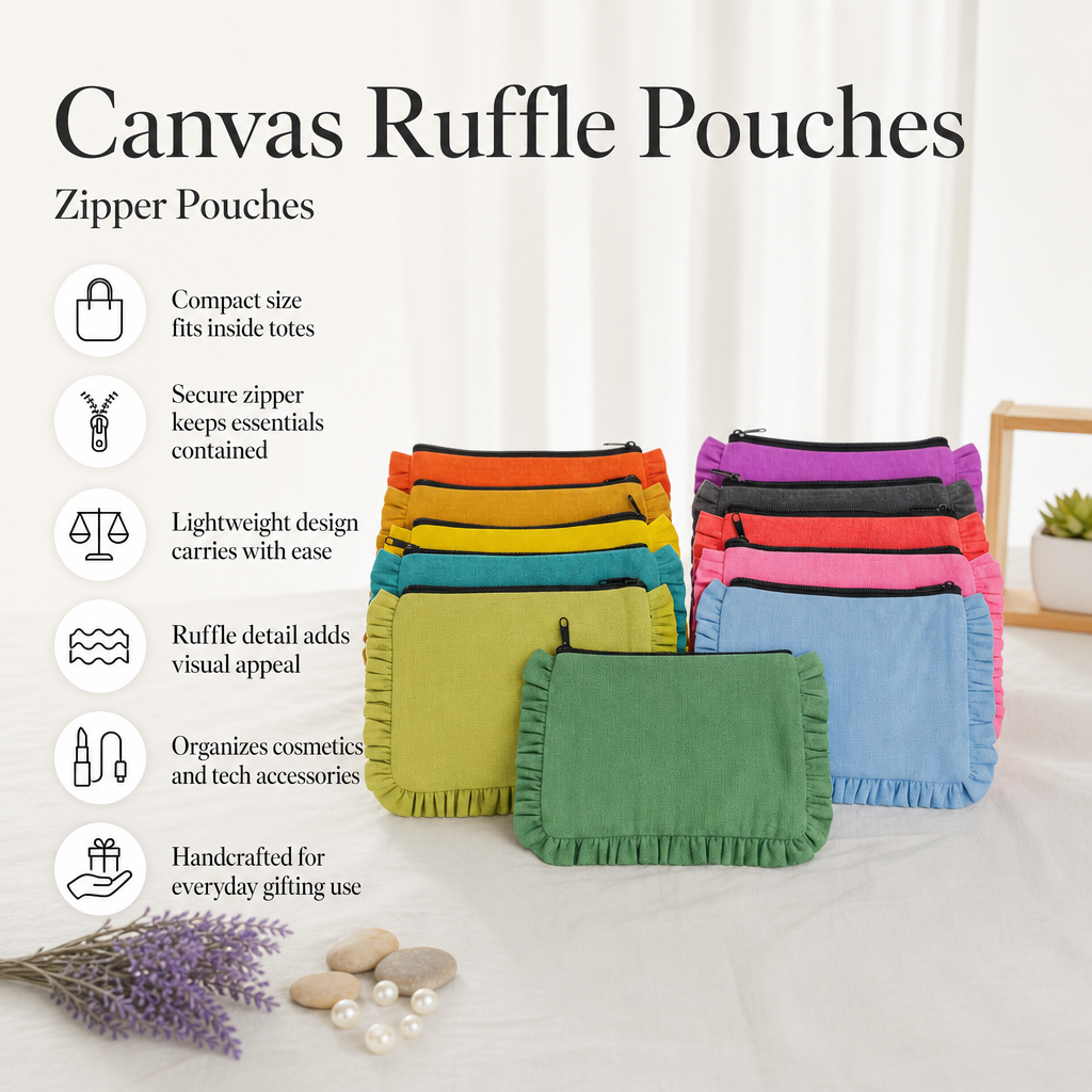 Canvas Ruffle Pouches | Canvas Travel Pouches | Zipper Pouch