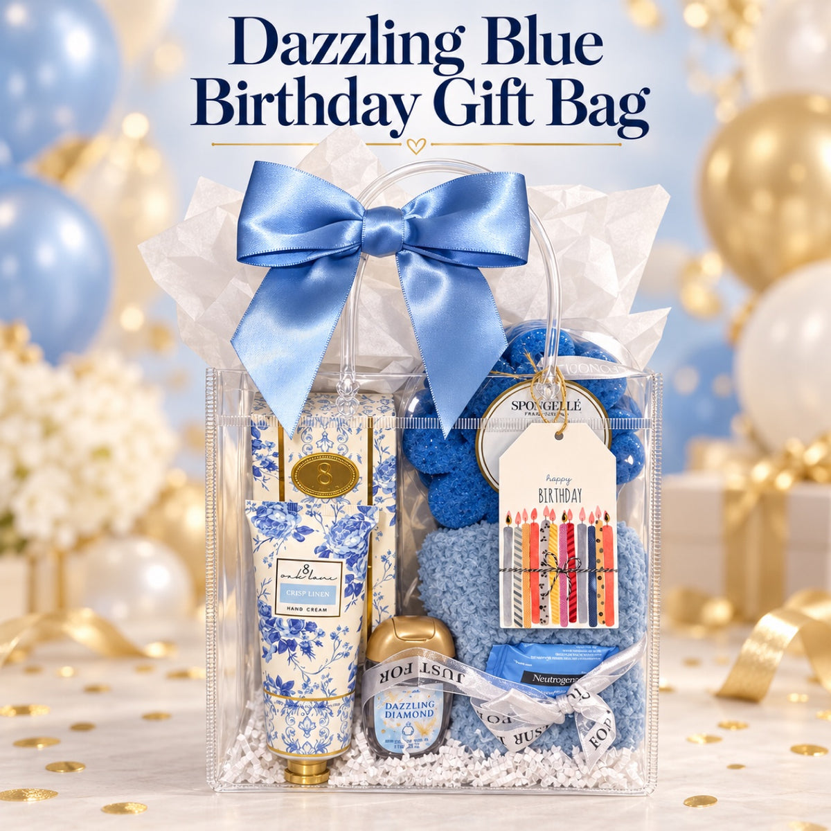 Dazzling Blue Birthday | Blue Spa Birthday Gift Bag for Women — Hand Cream, Bath Sponge, Cozy Socks, Ready to Give