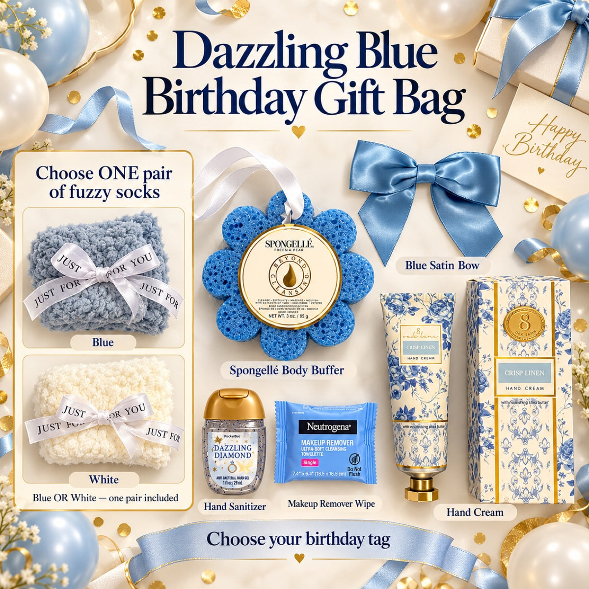 Dazzling Blue Birthday | Blue Spa Birthday Gift Bag for Women — Hand Cream, Bath Sponge, Cozy Socks, Ready to Give