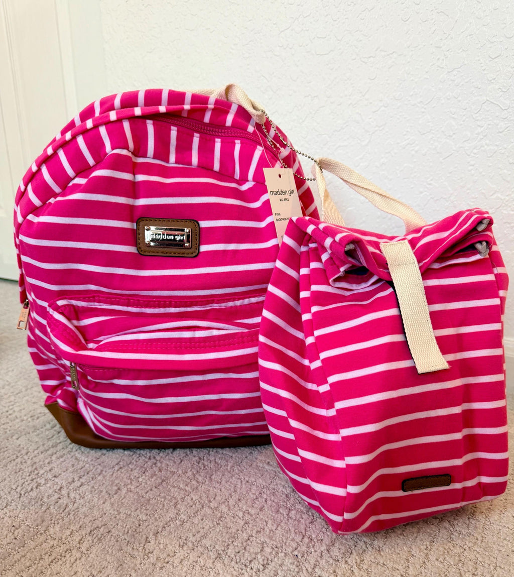Madden Girl Pink Striped Backpack and Lunch Bag Set | Back to School Ready