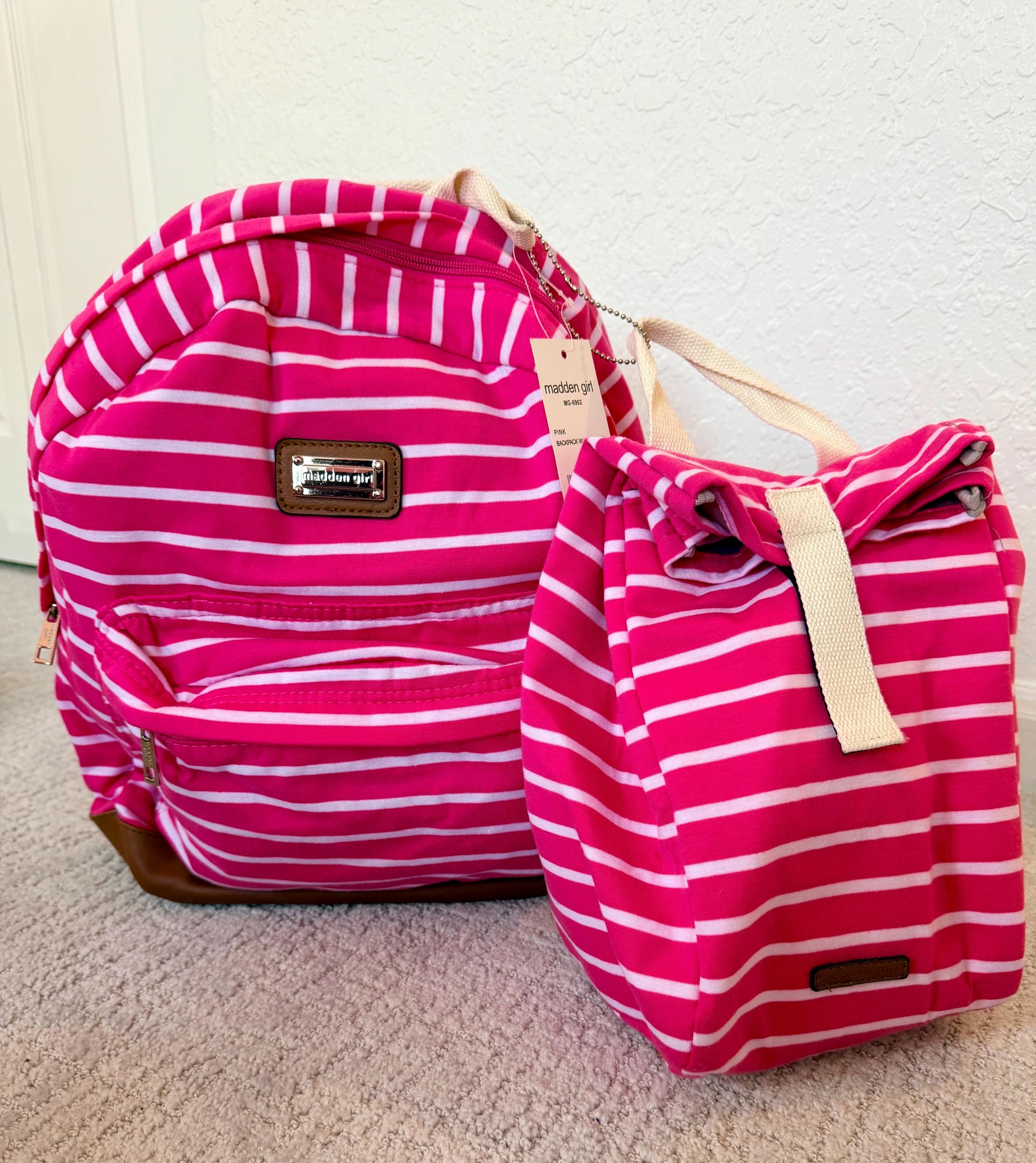 Madden Girl Pink Striped Backpack and Lunch Bag Set | Back to School Ready