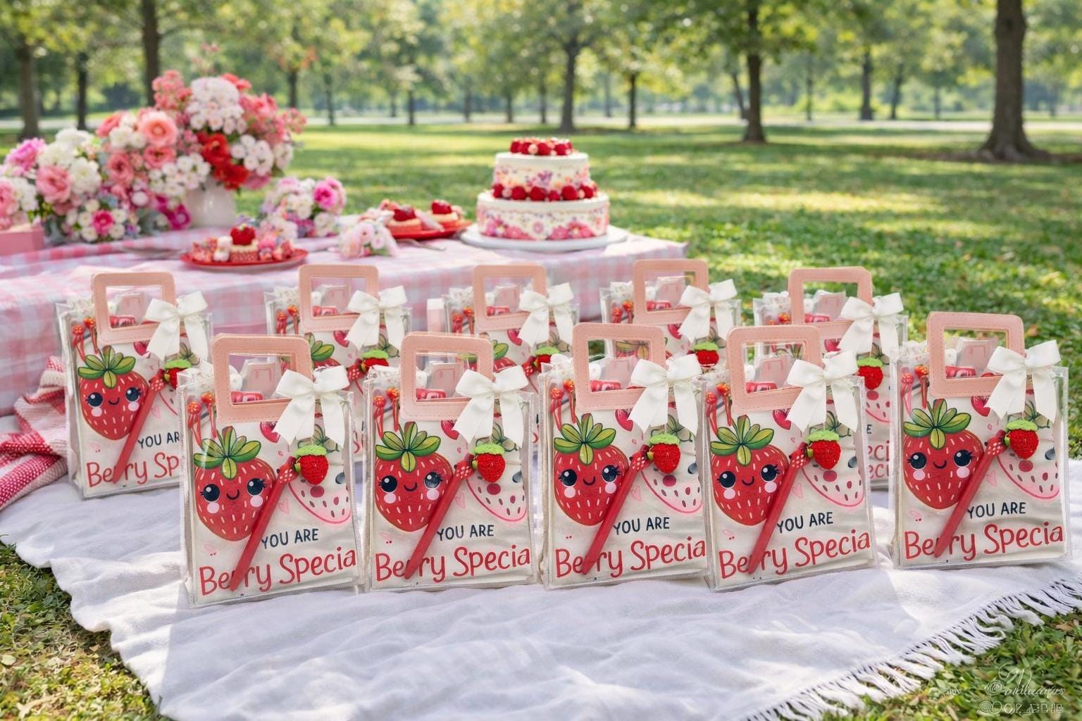 Strawberry Gift Bag Set | Berry Sweet Party Favors | Girls Birthday Party Gifts | Cute Strawberry Theme Bags | 80s Aesthetic Gift Set | Pink