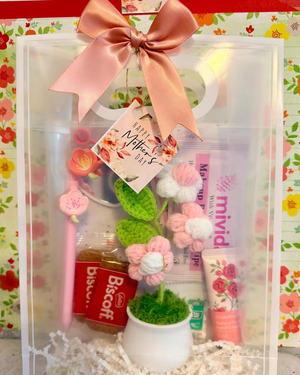 Crochet Flower Mother's Day Gift Bag | Pink Floral Self-Care Spa Tote