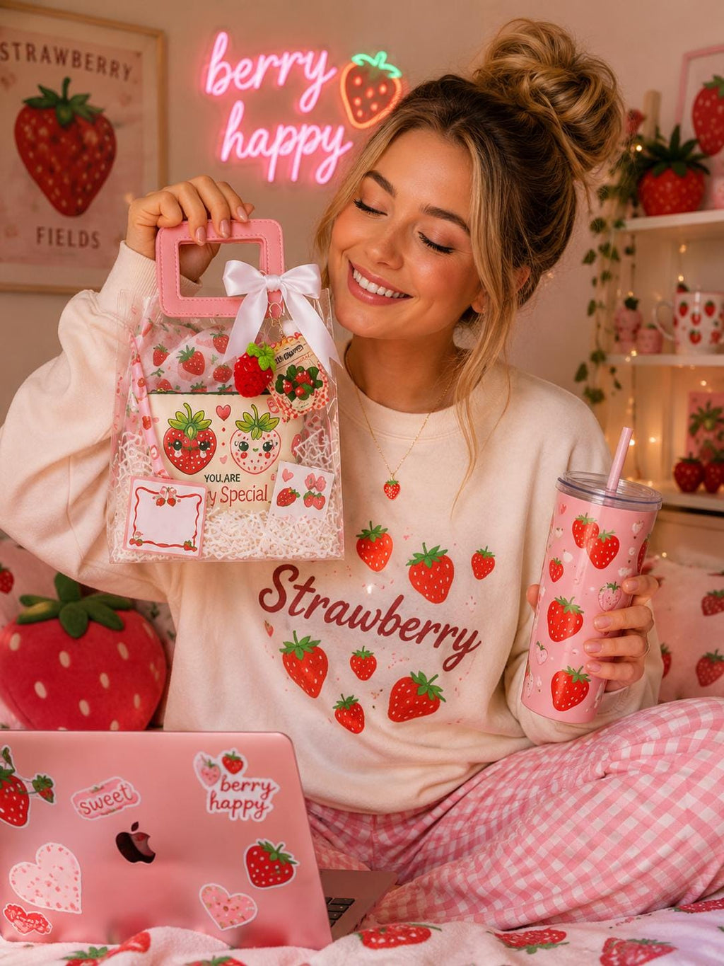 Strawberry Gift Bag for Friends | Teen Girls Birthday Surprise, Pouch & Keychain