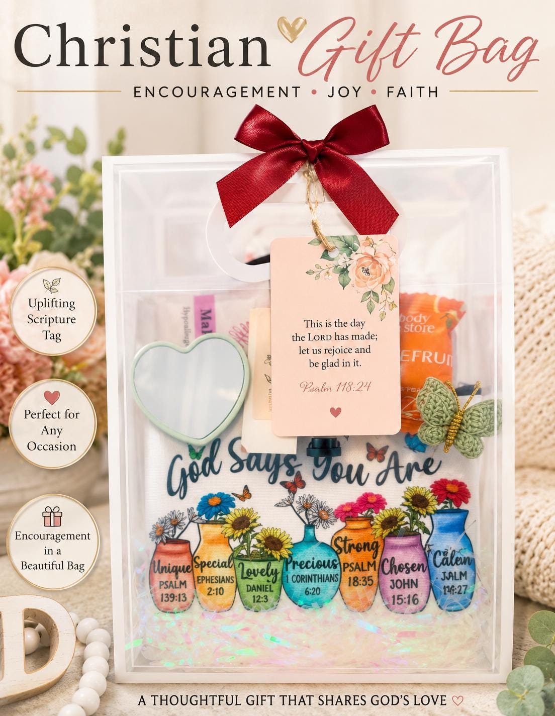 Christian Self Care Gift Bag | Faith Encouragement Spa Set, Bible Verse Pouch