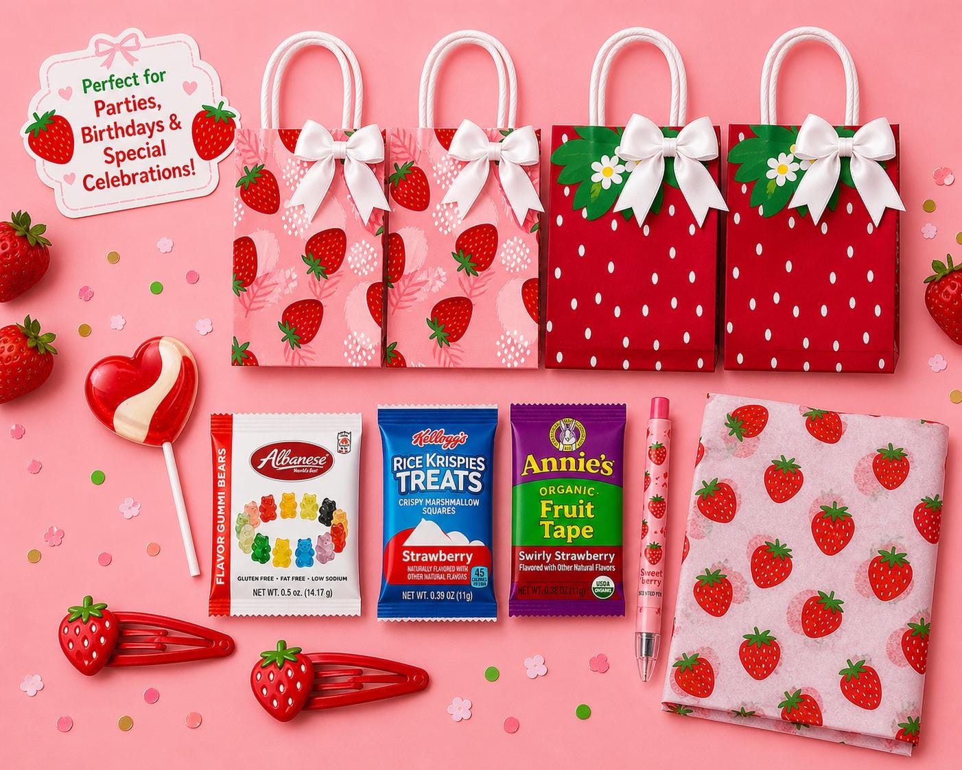 Strawberry Birthday Party Favor Bags | Berry Sweet Girls Goody Bags