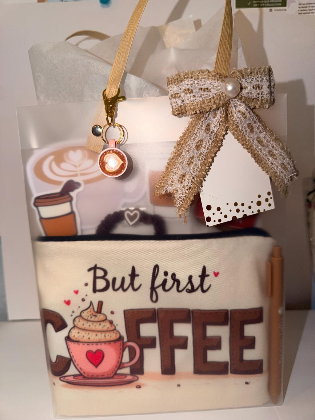 Coffee Lover Gift Bag: Zipper Pouch, Keychain, Pen, Scrunchie, Cookies, Stickers
