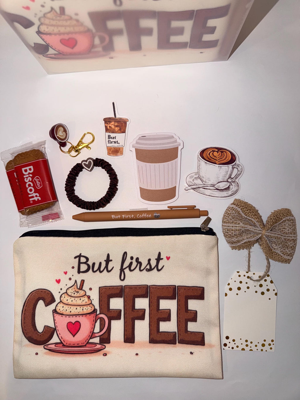 Coffee Lover Gift Bag: Zipper Pouch, Keychain, Pen, Scrunchie, Cookies, Stickers