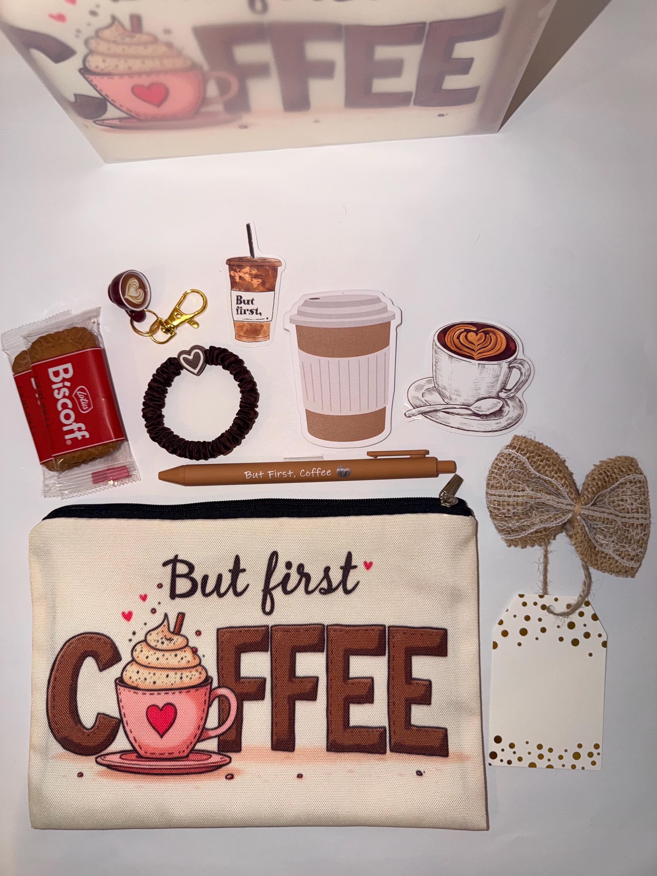Coffee Lover Gift Bag: Zipper Pouch, Keychain, Pen, Scrunchie, Cookies, Stickers