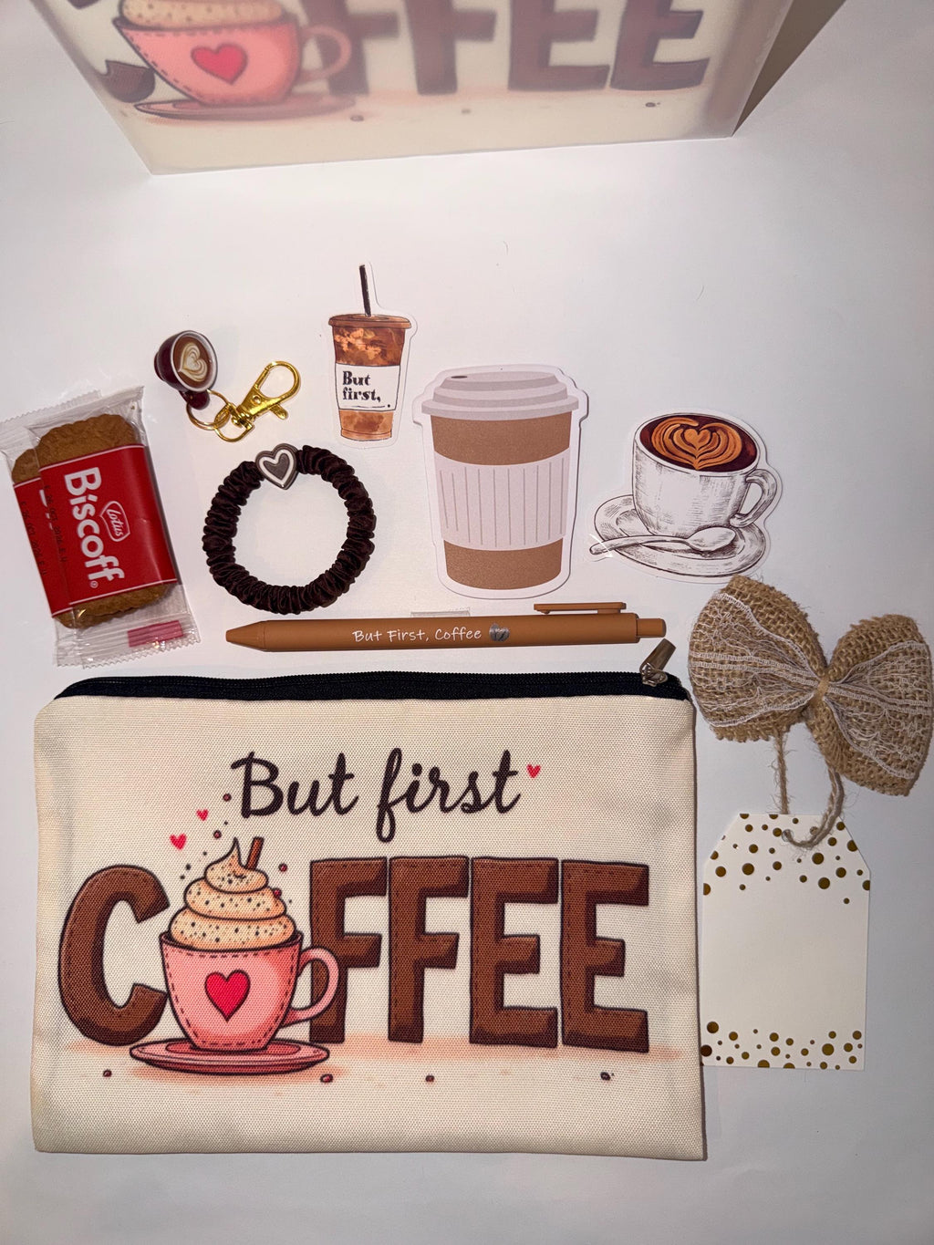 Coffee Lover Gift Bag: Zipper Pouch, Keychain, Pen, Scrunchie, Cookies, Stickers