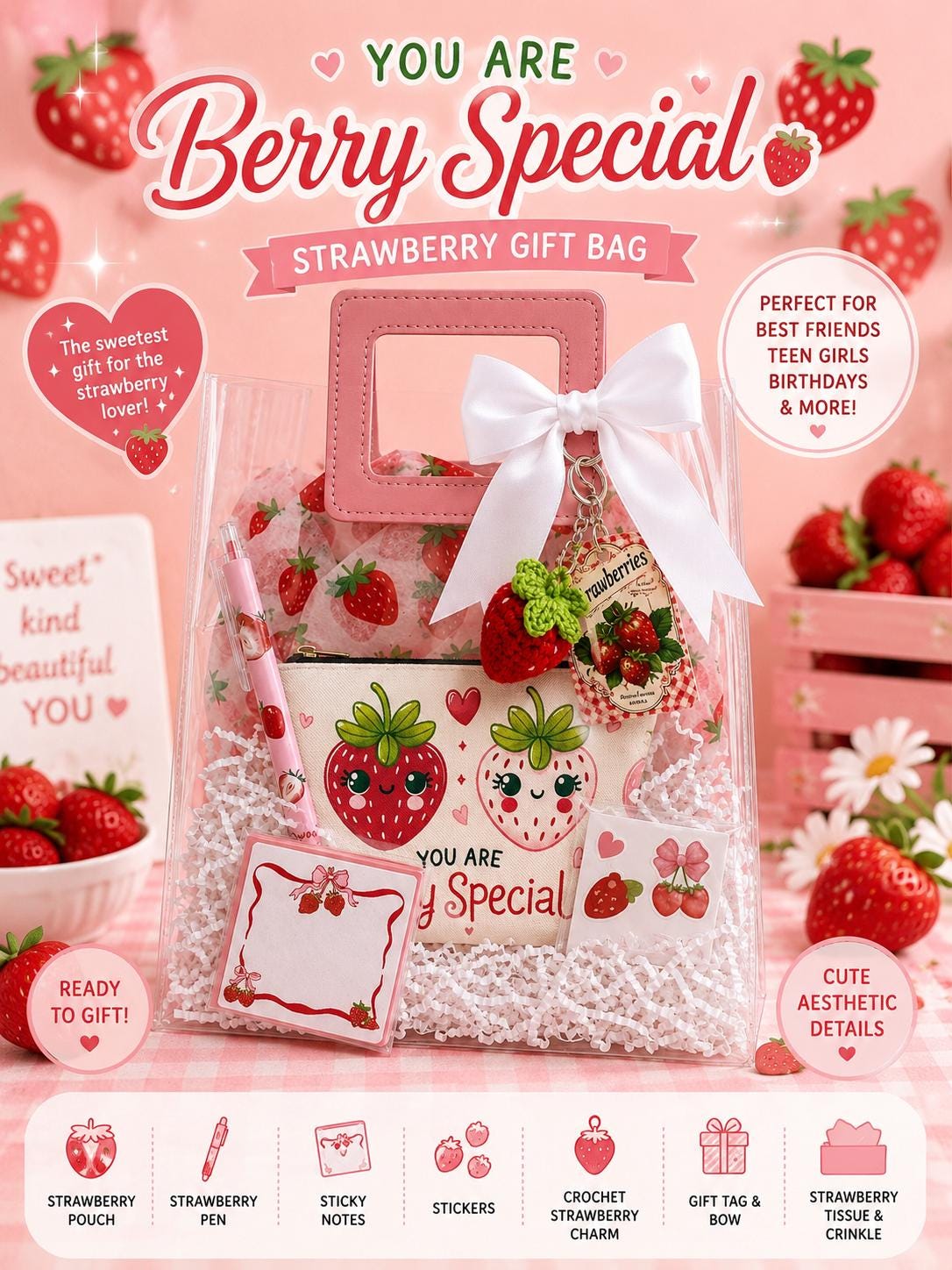 Strawberry Gift Bag for Friends | Teen Girls Birthday Surprise, Pouch & Keychain