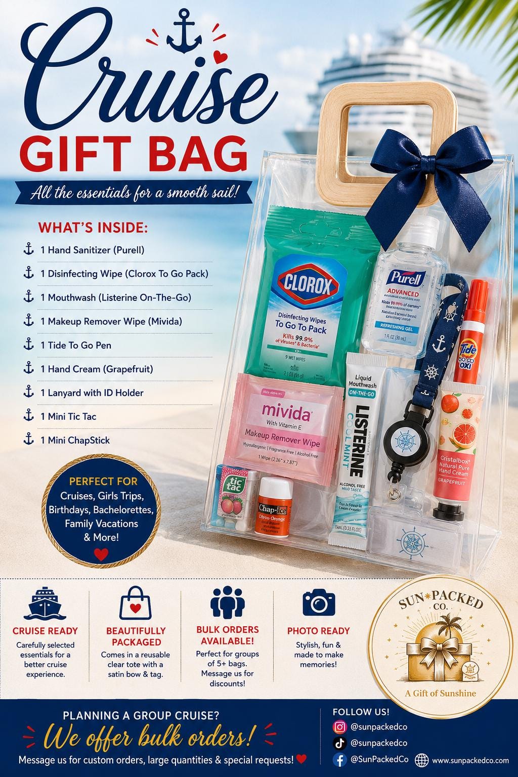 Cruise Gift Bag | 15 Vacation Survival Kit, Bachelorette Party Favor
