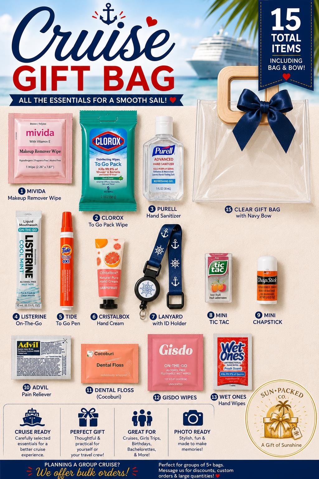 Cruise Gift Bag | 15 Vacation Survival Kit, Bachelorette Party Favor