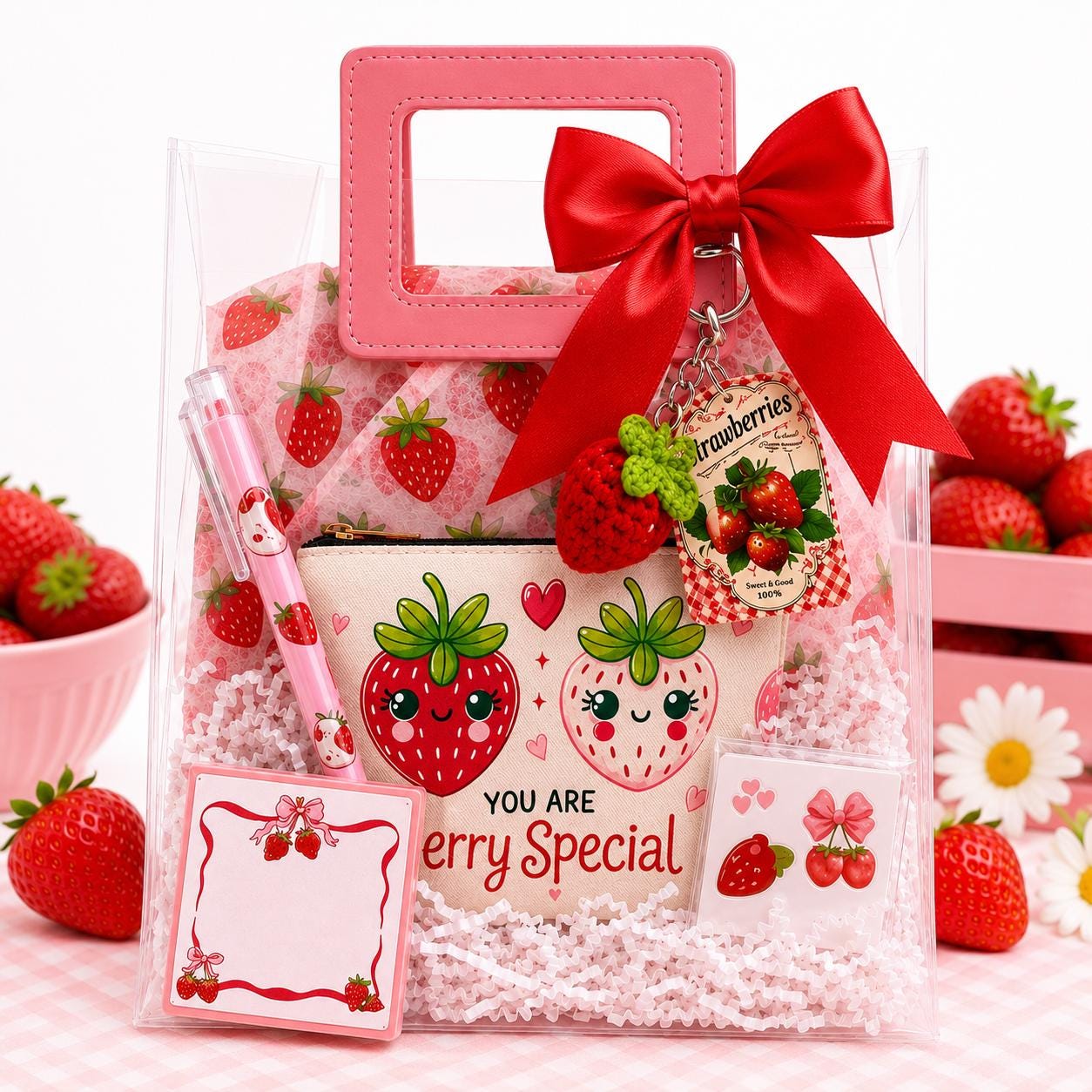 Strawberry Gift Bag for Friends | Teen Girls Birthday Surprise, Pouch & Keychain