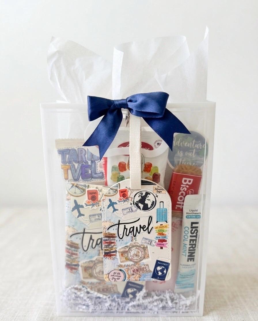 Travel Gift Set: Passport Cover, Luggage Tag, Snacks, Essentials (Girls Trip, Vacation)