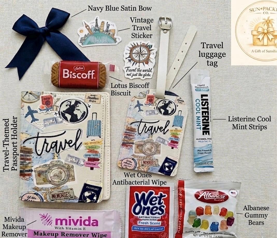 Travel Gift Set: Passport Cover, Luggage Tag, Snacks, Essentials (Girls Trip, Vacation)