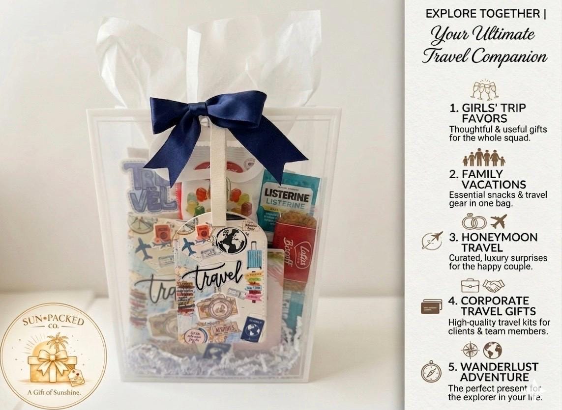 Travel Gift Set: Passport Cover, Luggage Tag, Snacks, Essentials (Girls Trip, Vacation)
