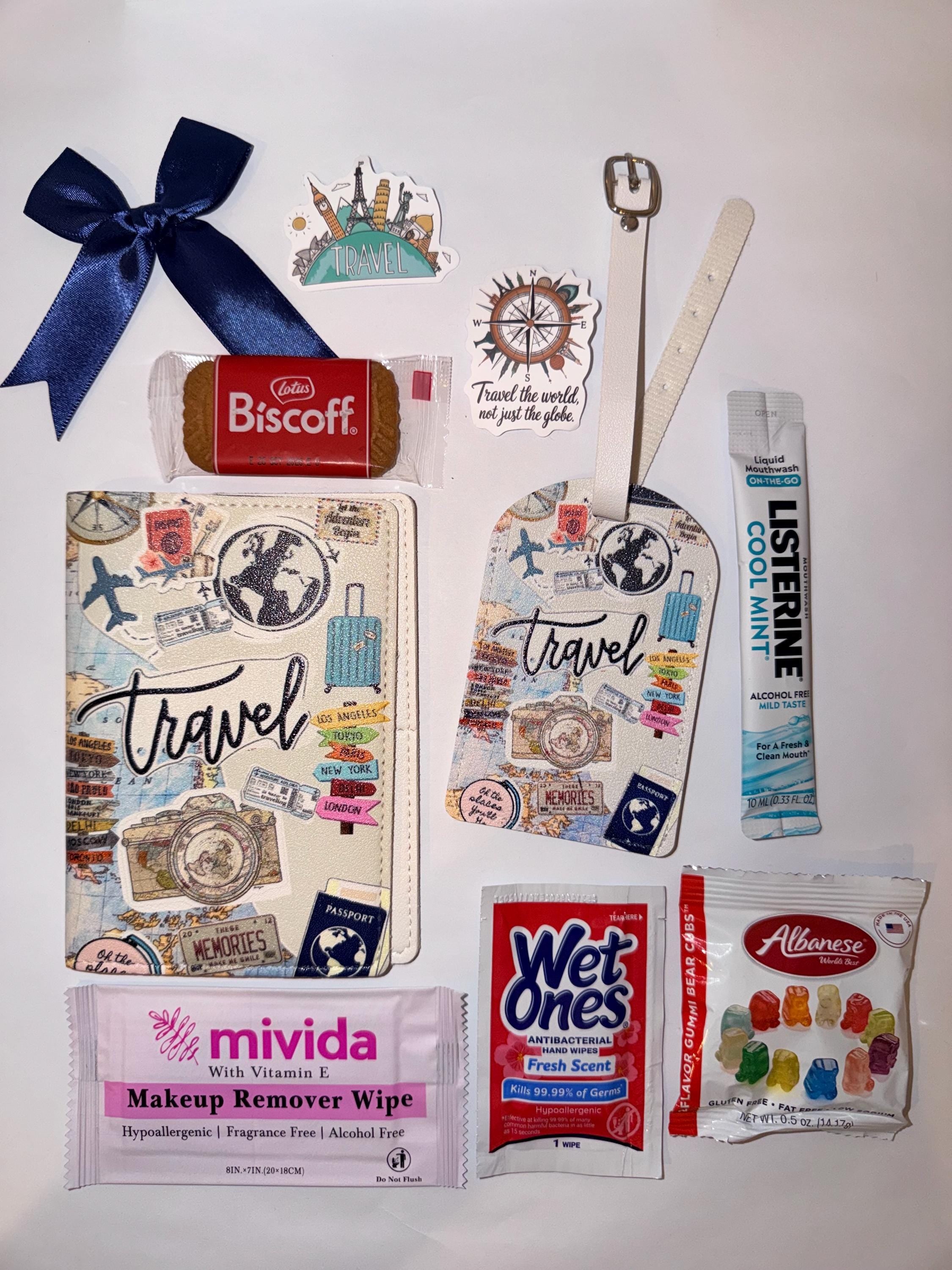Travel Gift Set: Passport Cover, Luggage Tag, Snacks, Essentials (Girls Trip, Vacation)