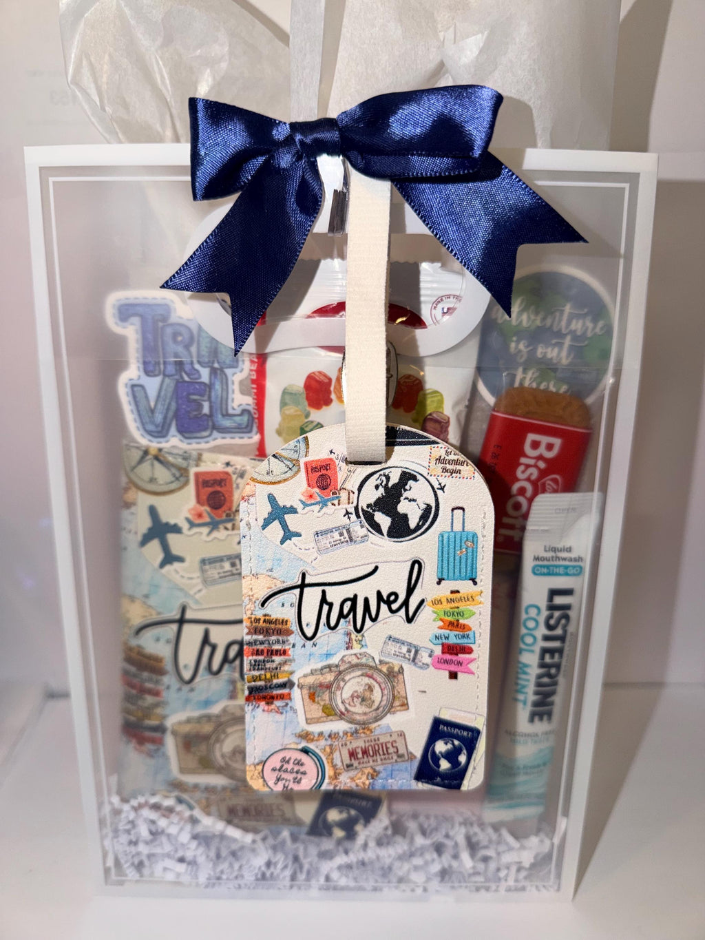 Travel Gift Set: Passport Cover, Luggage Tag, Snacks, Essentials (Girls Trip, Vacation)