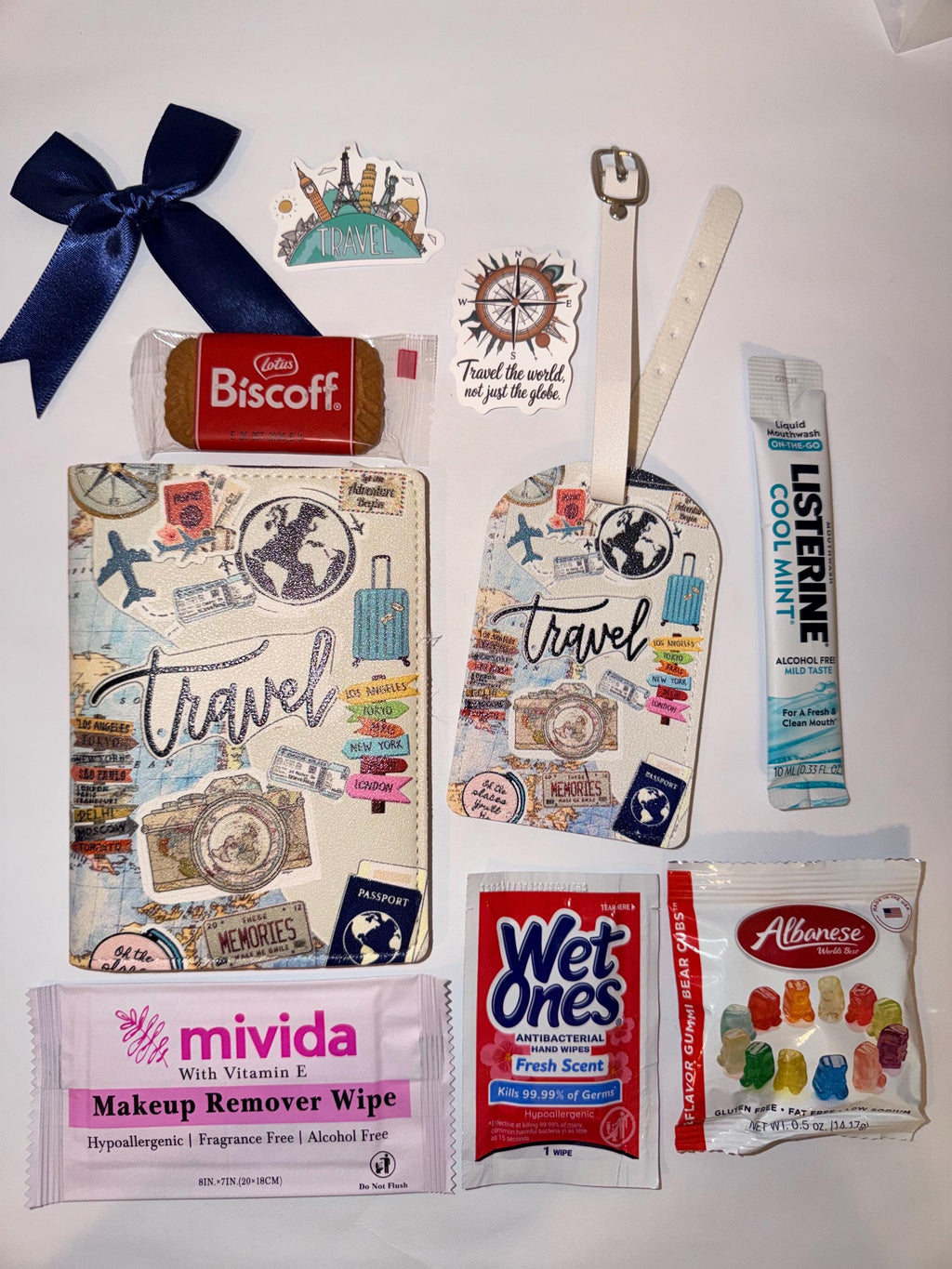 Travel Gift Set: Passport Cover, Luggage Tag, Snacks, Essentials (Girls Trip, Vacation)