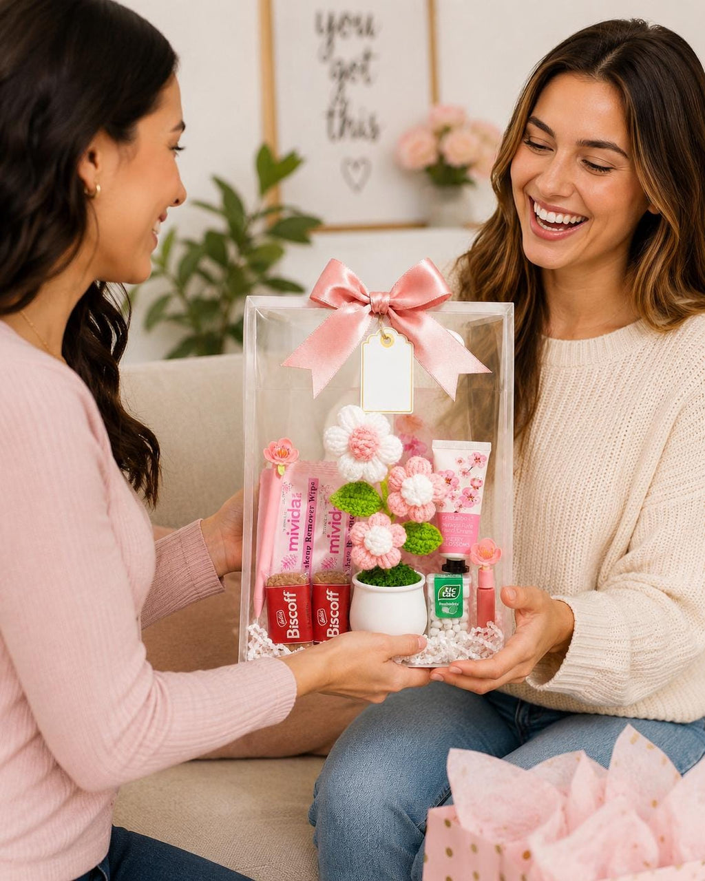 Crocheted Flower Gift Bag | Pink Self Care, Birthday, Thank You Gift for Friends