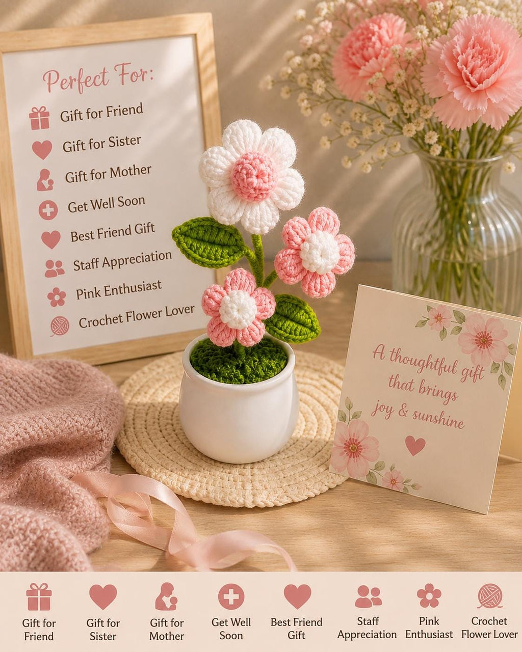 Crocheted Flower Gift Bag | Pink Self Care, Birthday, Thank You Gift for Friends