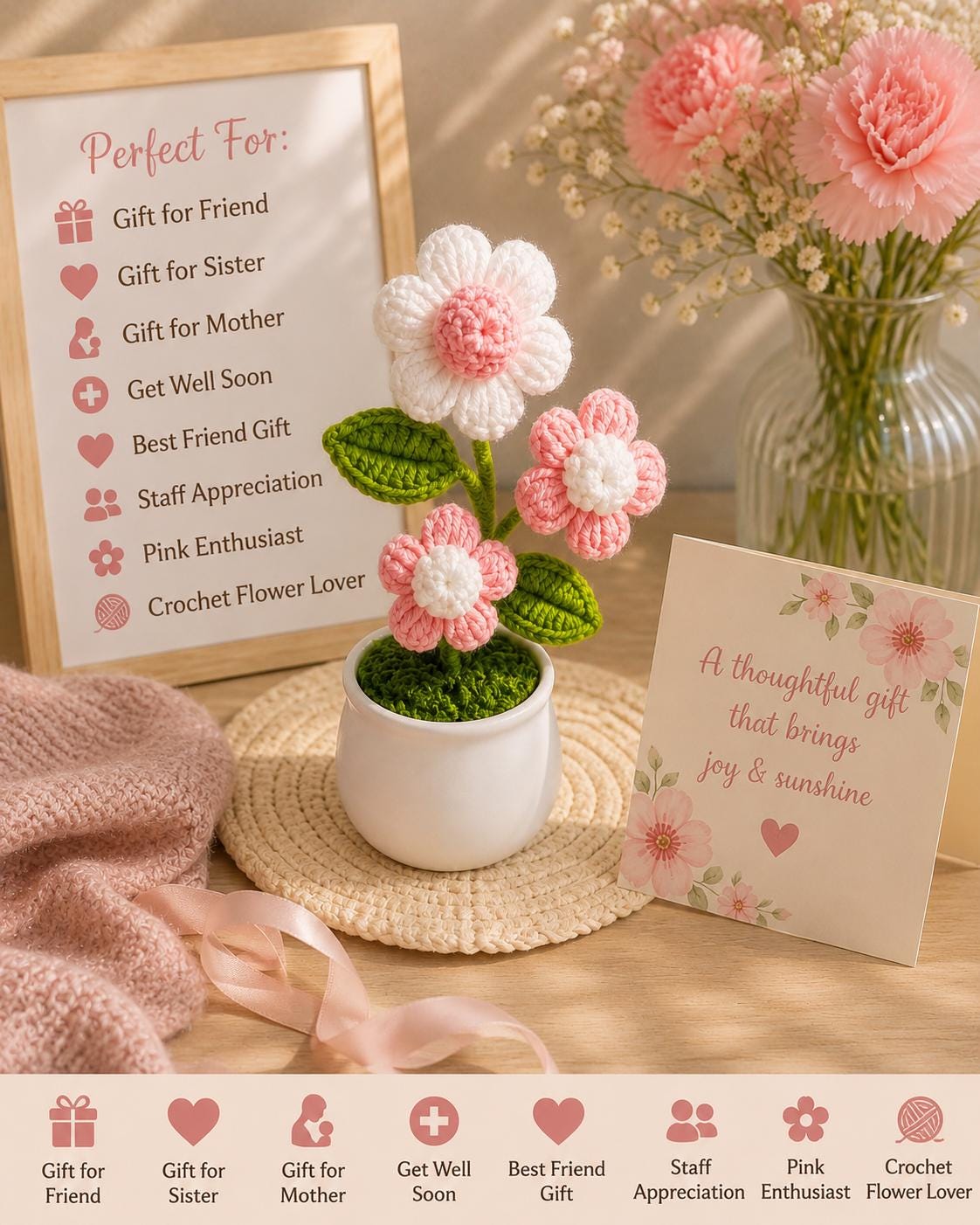 Crocheted Flower Gift Bag | Pink Self Care, Birthday, Thank You Gift for Friends