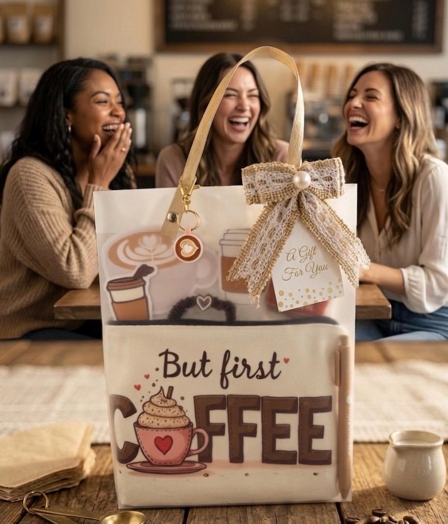 Coffee Lover Gift Bag: Zipper Pouch, Keychain, Pen, Scrunchie, Cookies, Stickers