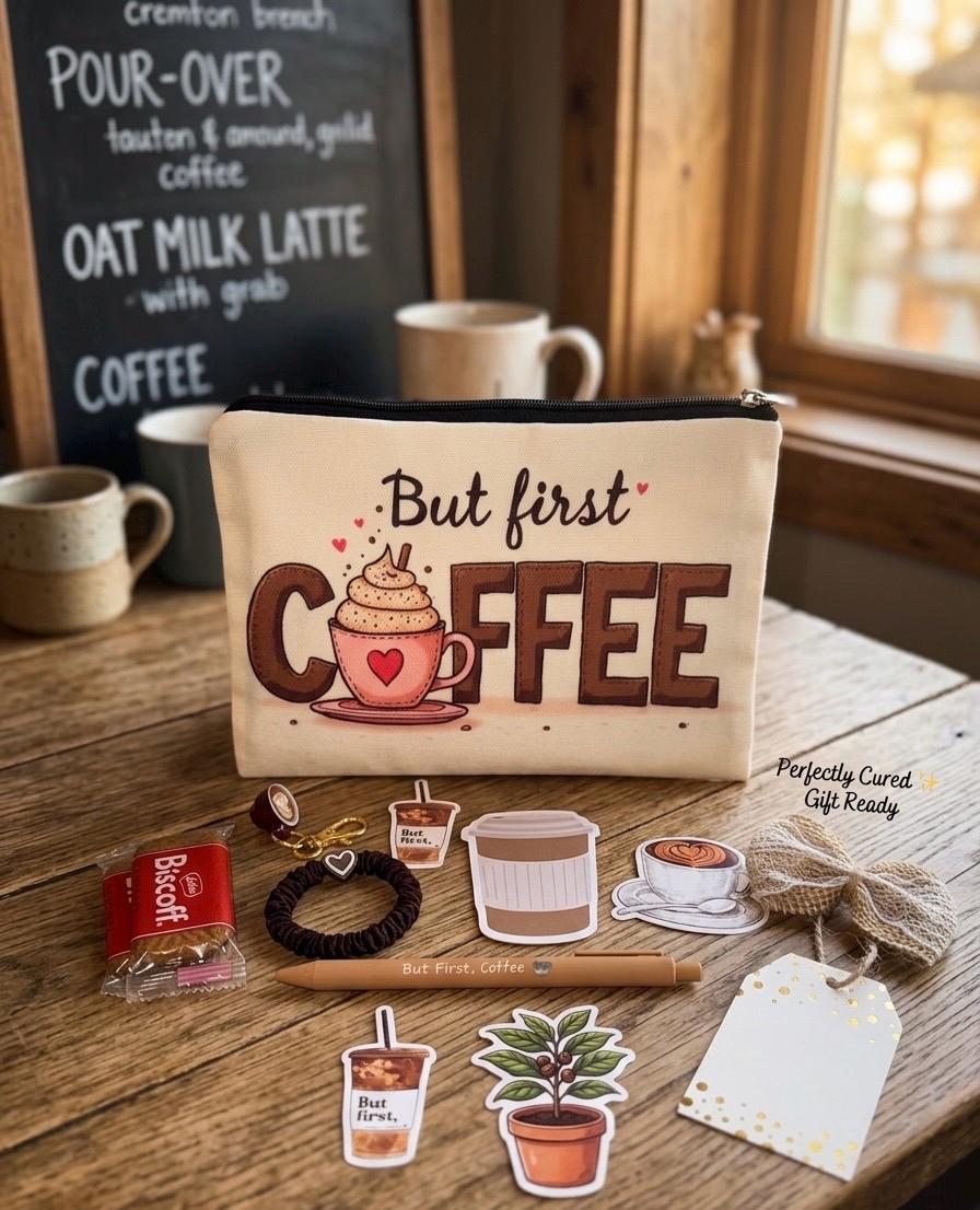 Coffee Lover Gift Bag: Zipper Pouch, Keychain, Pen, Scrunchie, Cookies, Stickers