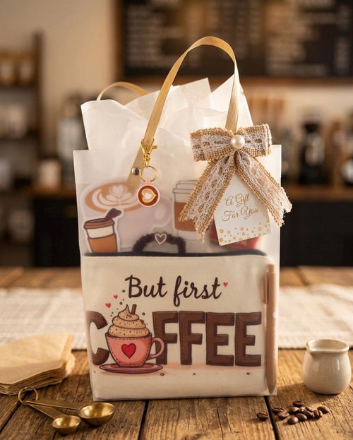 Coffee Lover Gift Bag: Zipper Pouch, Keychain, Pen, Scrunchie, Cookies, Stickers