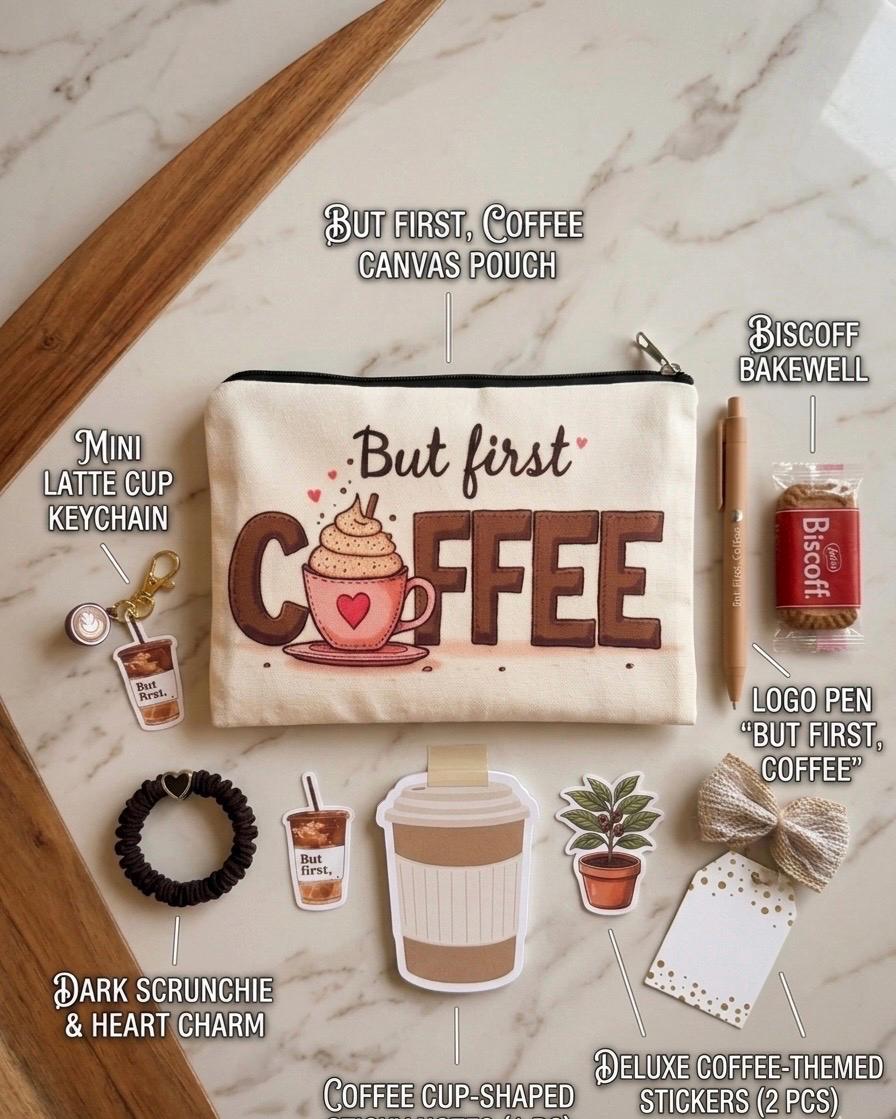 Coffee Lover Gift Bag: Zipper Pouch, Keychain, Pen, Scrunchie, Cookies, Stickers
