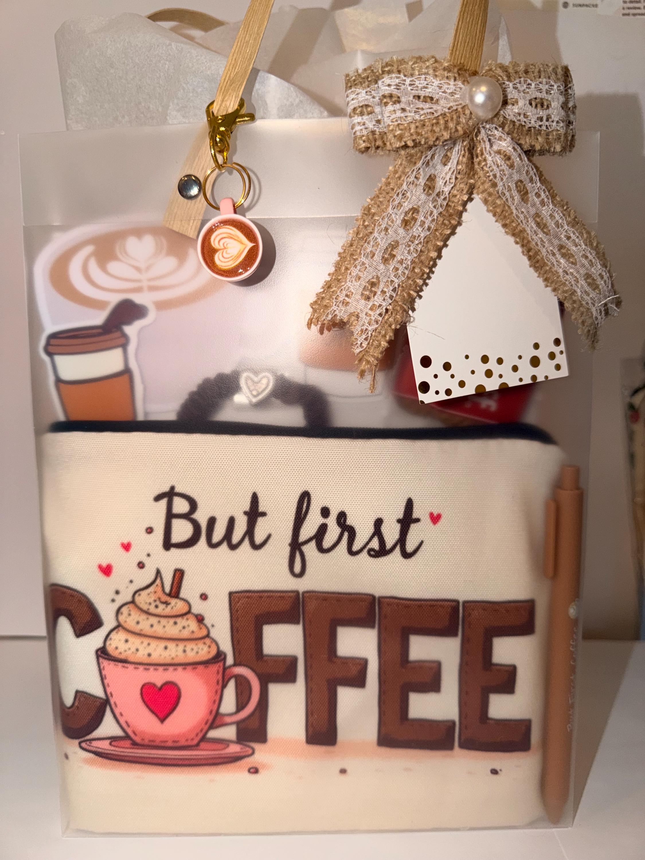 Coffee Lover Gift Bag: Zipper Pouch, Keychain, Pen, Scrunchie, Cookies, Stickers