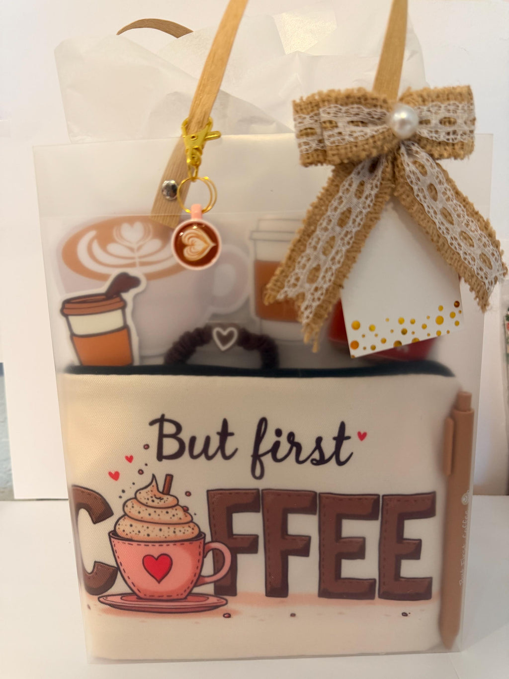 Coffee Lover Gift Bag: Zipper Pouch, Keychain, Pen, Scrunchie, Cookies, Stickers